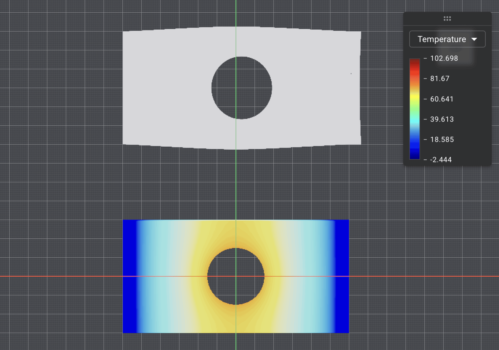 Thermal stress analysis example: temperature distribution (bottom) and deformation due to thermal expansion (top)