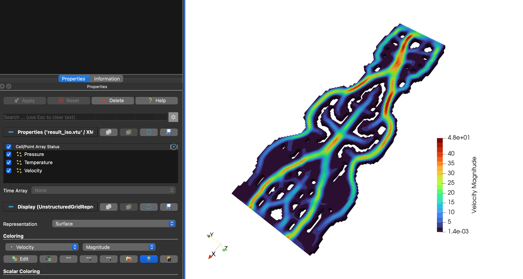 Cooling channel topology optimization via temperature minimization (work in progress; visualized in ParaView)