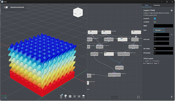 A heat sink created with Implicit modeling undergoing thermal simulation