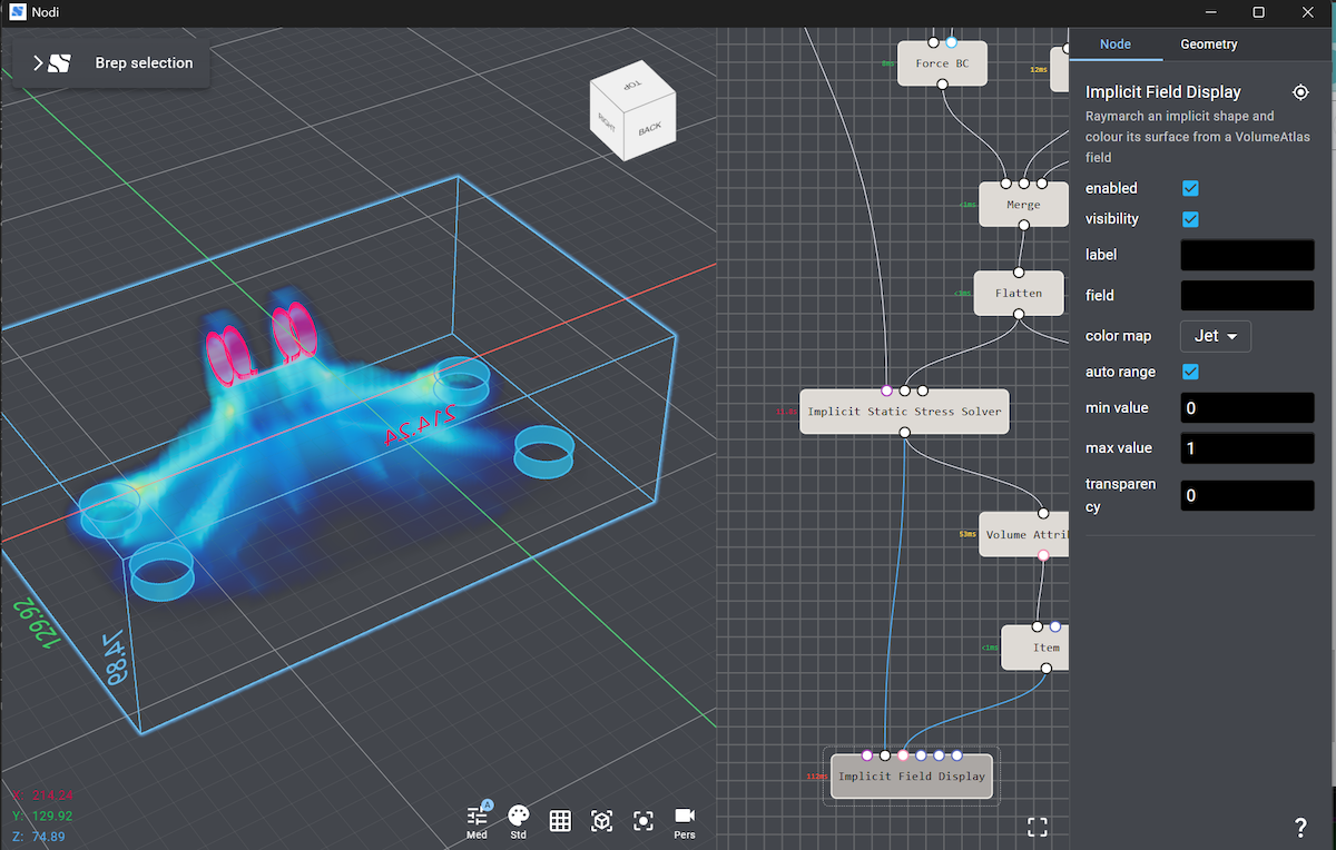 Screen showing Meshless stress analysis of an Implicit model in the Nodi Desktop version
